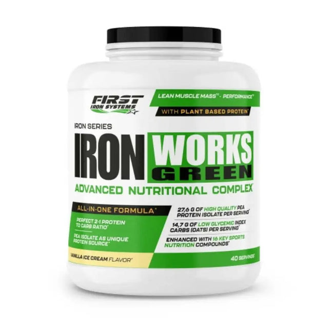 Iron Works Green 2200g Saveur Vanille Crème Glacée - First Iron Systems | Gainer vegan à base d'isolat de protéine de pois et farine d'avoine complète pour une prise de masse musculaire de qualité.