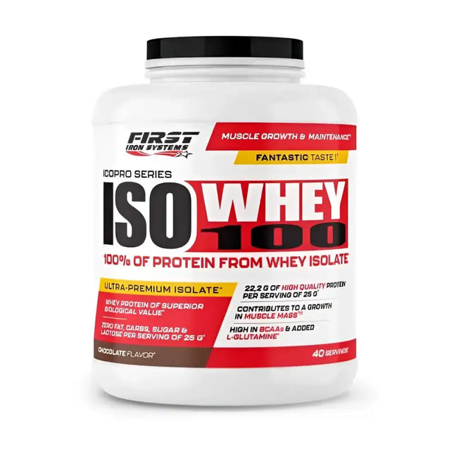 Iso Whey 100 1000g Saveur Chocolat - First Iron Systems | Isolat de lactosérum natif enrichi en L-Glutamine, haute teneur en protéines et BCAA, sans lipides ni glucides, idéal pour la prise de muscle sec et la récupération