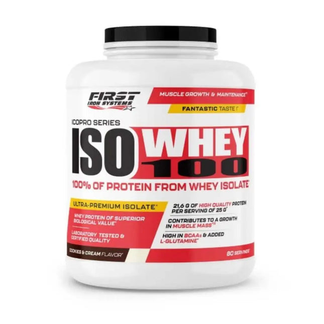 Iso Whey 100 1000g Saveur Cookies & Cream - First Iron Systems | Isolat de lactosérum natif enrichi en L-Glutamine, haute teneur en protéines et BCAA, sans lipides ni glucides, idéal pour la prise de muscle sec et la récupération