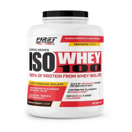 Iso Whey 100 1000g Saveur Cookies & Cream - First Iron Systems | Isolat de lactosérum natif enrichi en L-Glutamine, haute teneur en protéines et BCAA, sans lipides ni glucides, idéal pour la prise de muscle sec et la récupération