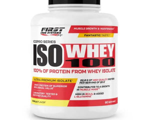 Iso Whey 100 1000g Saveur Vanille - First Iron Systems | Isolat de lactosérum natif enrichi en L-Glutamine, haute teneur en protéines et BCAA, sans lipides ni glucides, idéal pour la prise de muscle sec et la récupération