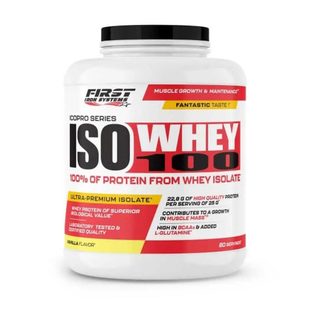Iso Whey 100 1000g Saveur Vanille - First Iron Systems | Isolat de lactosérum natif enrichi en L-Glutamine, haute teneur en protéines et BCAA, sans lipides ni glucides, idéal pour la prise de muscle sec et la récupération