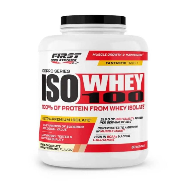 Iso Whey 100 2000g Saveur Chocolat Blanc Caramel Cacahuete -  First Iron Systems | Isolat de lactosérum natif enrichi en L-Glutamine, haute teneur en protéines et BCAA, sans lipides ni glucides, idéal pour la prise de muscle sec et la récupération