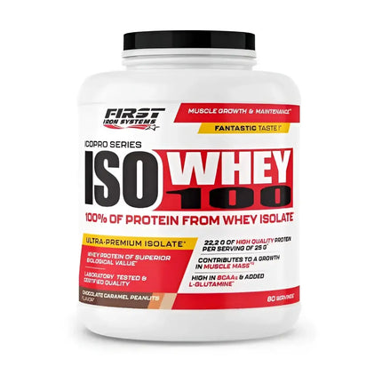 Iso Whey 100 2000g Saveur Chocolat Caramel Cacahuete -  First Iron Systems | Isolat de lactosérum natif enrichi en L-Glutamine, haute teneur en protéines et BCAA, sans lipides ni glucides, idéal pour la prise de muscle sec et la récupération