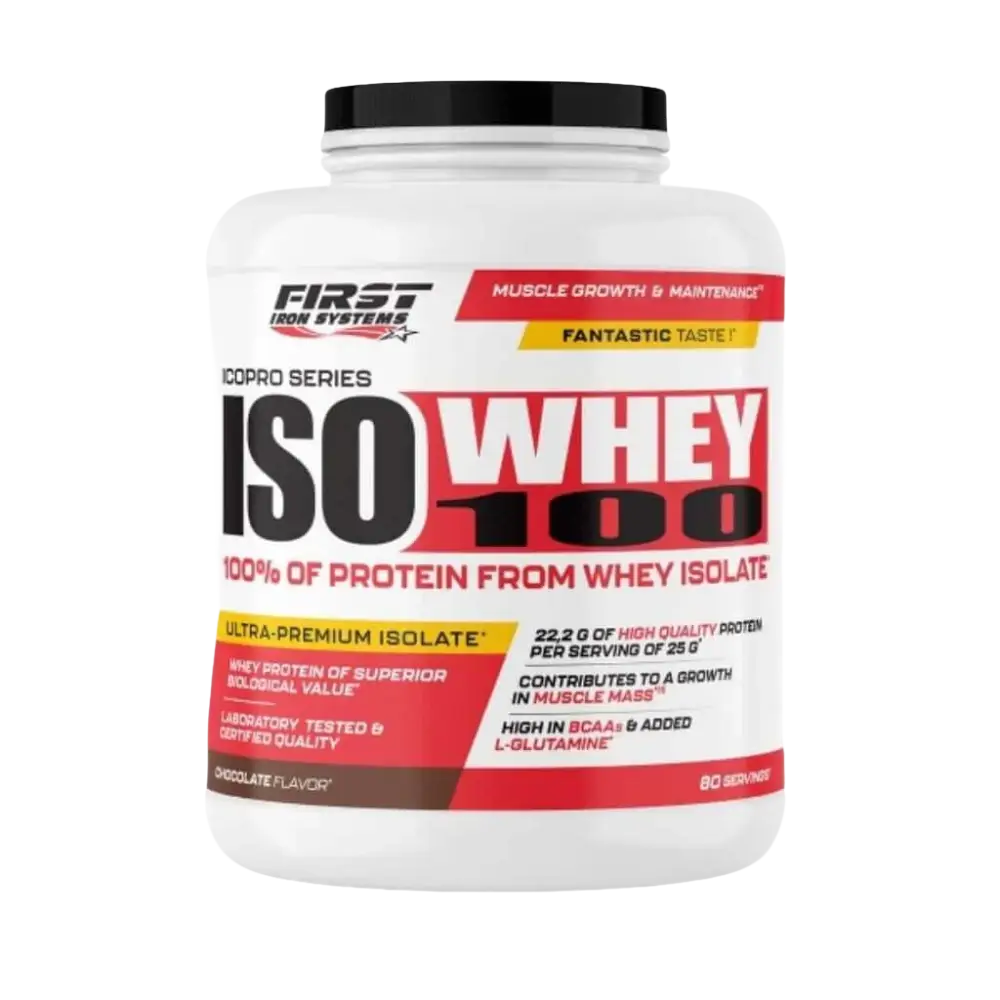 Iso Whey 100 2000g Saveur Chocolat - First Iron Systems | Isolat de lactosérum natif enrichi en L-Glutamine, haute teneur en protéines et BCAA, sans lipides ni glucides, idéal pour la prise de muscle sec et la récupération