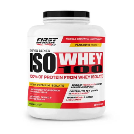 Iso Whey 100 2000g Saveur Pistache -  First Iron Systems | Isolat de lactosérum natif enrichi en L-Glutamine, haute teneur en protéines et BCAA, sans lipides ni glucides, idéal pour la prise de muscle sec et la récupération