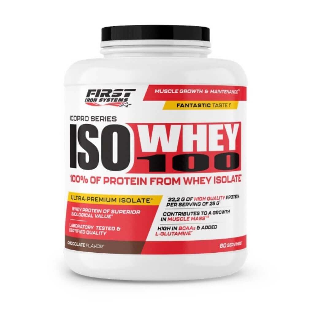 Iso Whey 100 2000g Saveur Chocolat - First Iron Systems | Isolat de lactosérum natif enrichi en L-Glutamine, haute teneur en protéines et BCAA, sans lipides ni glucides, idéal pour la prise de muscle sec et la récupération