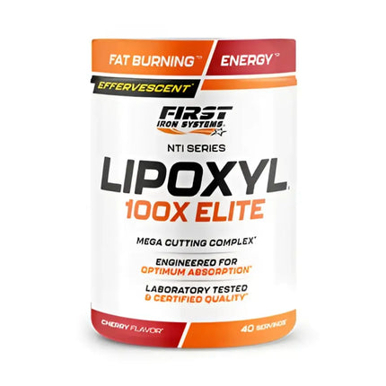 Contenant blanc cylindrique avec accents orange et rouge marqué first iron systems lipoxyl 100x elite pour définition musculaire et aide à réduire