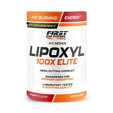 Contenant blanc cylindrique avec accents orange et rouge marqué first iron systems lipoxyl 100x elite pour définition musculaire et aide à réduire