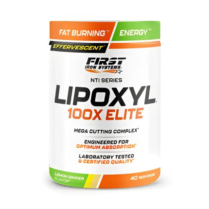 Conteneur blanc cylindrique lipoxyl 100x elite 400g avec accents orange et vert aide à réduire définition musculaire