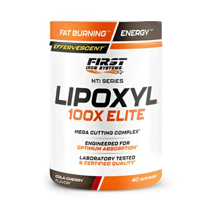 Contenant blanc cylindrique avec accents orange et noir lipoxyl 100x elite de first iron systems pour définition musculaire et aide à réduire