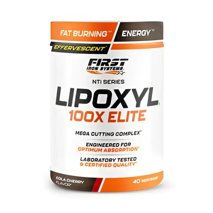 Contenant blanc cylindrique avec accents orange et noir lipoxyl 100x elite de first iron systems pour définition musculaire et aide à réduire