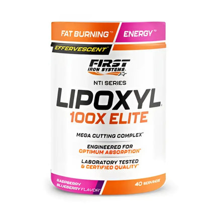 Contenant blanc cylindrique avec accents orange et rose lipoxyl 100x elite aide à réduire définition musculaire