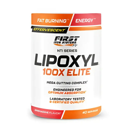 Conteneur cylindrique orange et blanc de lipoxyl 100x elite 400g aide à réduire la définition musculaire