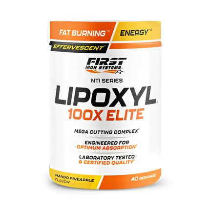 Pot de lipoxyl 100x elite 400g blanc et orange saveur mangue ananas pour définition musculaire et aide à réduire