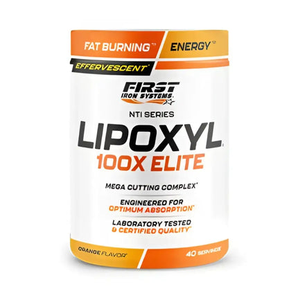 Conteneur cylindrique orange et blanc lipoxyl 100x elite 400g complément alimentaire aide à réduire définition musculaire
