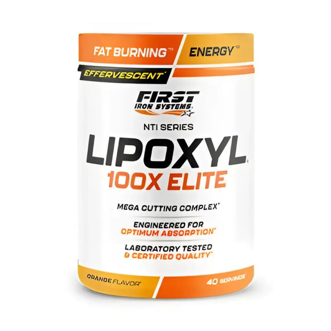 Conteneur cylindrique orange et blanc lipoxyl 100x elite 400g complément alimentaire aide à réduire définition musculaire