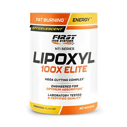 Contenant cylindrique blanc lipoxyl 100x elite 400g de first iron systems avec accents orange aide à réduire la définition musculaire
