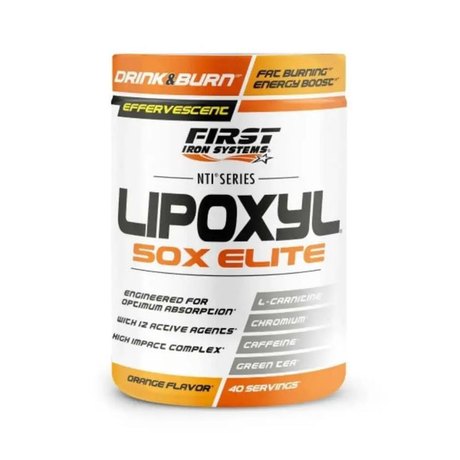 LIPOXYL 50X ELITE Parfum Orange - Brûleur de graisse thermogénique puissant, favorisant la perte de poids et la définition musculaire, avec caféine, L-Carnitine et extraits de plantes.