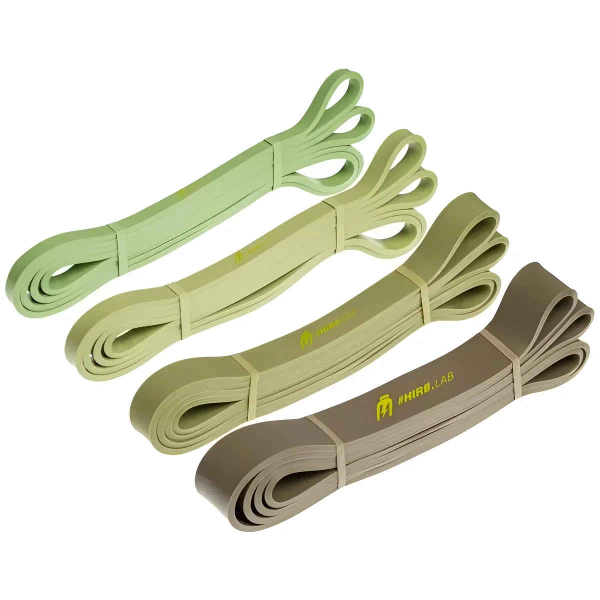 Set de 4 bandes de résistance Hiro.Lab en caoutchouc naturel, offrant des niveaux de résistance progressifs pour un entraînement complet