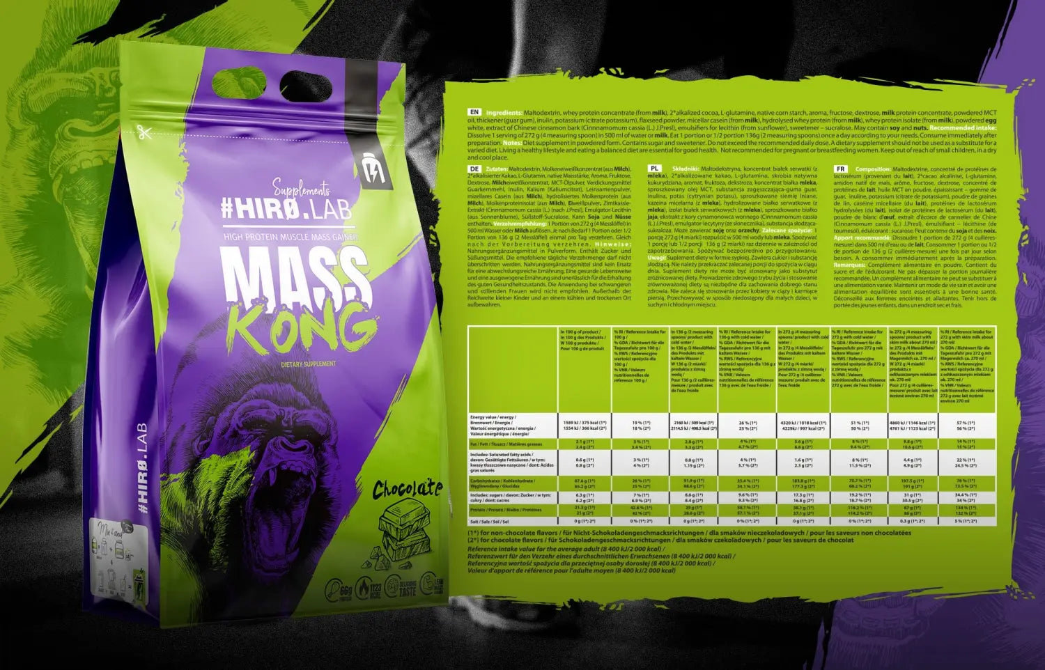 Mass Kong 3000g - Liste des ingrédients et valeurs nutritionnelles du gainer Hiro Lab