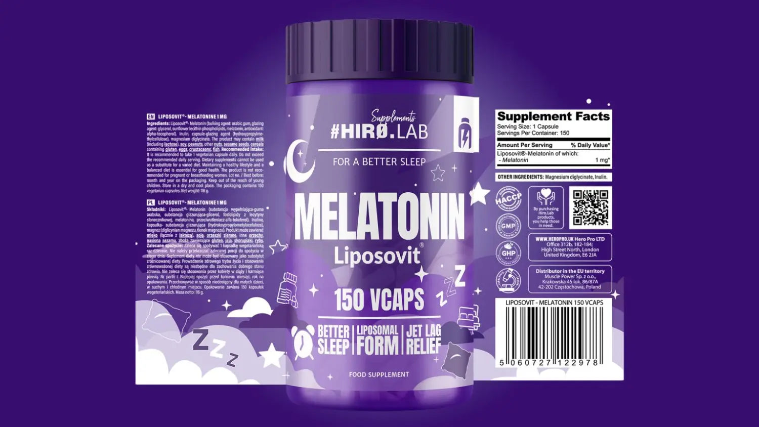 Étiquette Hiro.Lab Melatonine Liposovit – Tableau des valeurs nutritionnelles – 1 mg par capsule – 150 gélules végétariennes