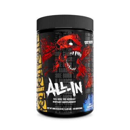 Contenant cylindrique noir mutant madness all-in avec crâne rouge blanc pour pré-workout full dose arôme framboise bleue