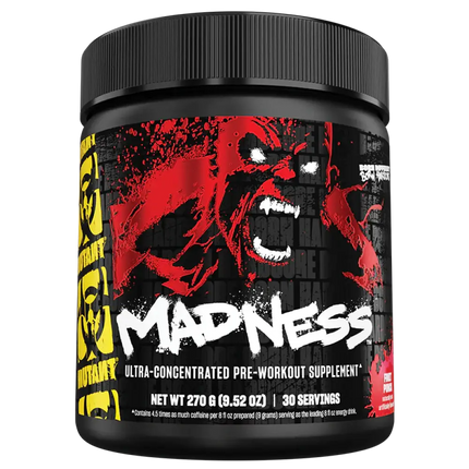 Conteneur noir de MUTANT Madness Pré-Workout 225g, complément pré-entraînement révolutionnaire pour améliorer l’endurance