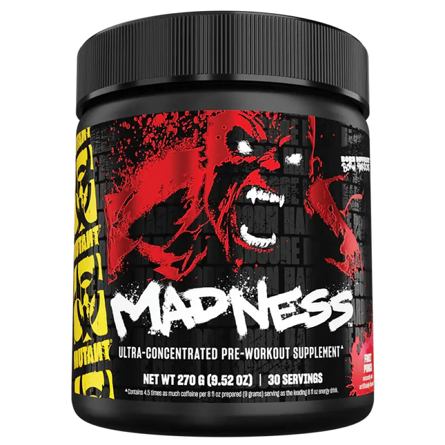 Conteneur noir de MUTANT Madness Pré-Workout 225g, complément pré-entraînement révolutionnaire pour améliorer l’endurance