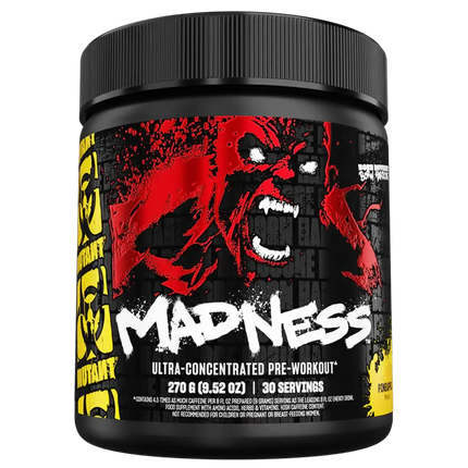 Conteneur noir de MUTANT Madness Pre-workout 270g, complément pré-entraînement révolutionnaire pour améliorer l’endurance