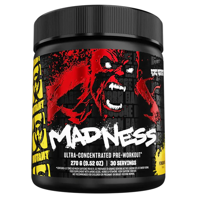 Conteneur noir de MUTANT Madness Pre-workout 270g, complément pré-entraînement révolutionnaire pour améliorer l’endurance