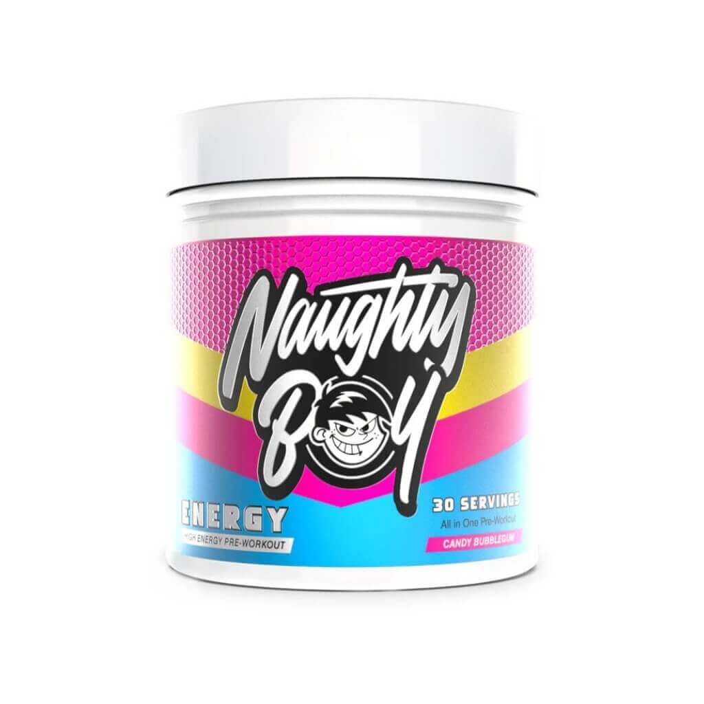 Pot de Naughty Boy ENERGY Pre-Workout Parfum CANDY BUBBLEGUM pour améliorer les performances et la concentration en musculation