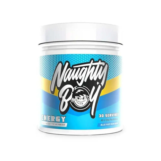 Pot de Naughty Boy ENERGY Pre-Workout Parfum BLUE RASPBERRY BONBON pour améliorer les performances et la concentration en musculation