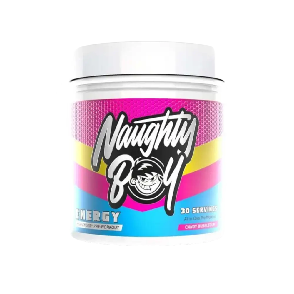 Pot de Naughty Boy ENERGY Pre-Workout Parfum CANDY BUBBLEGUM pour améliorer les performances et la concentration en musculation