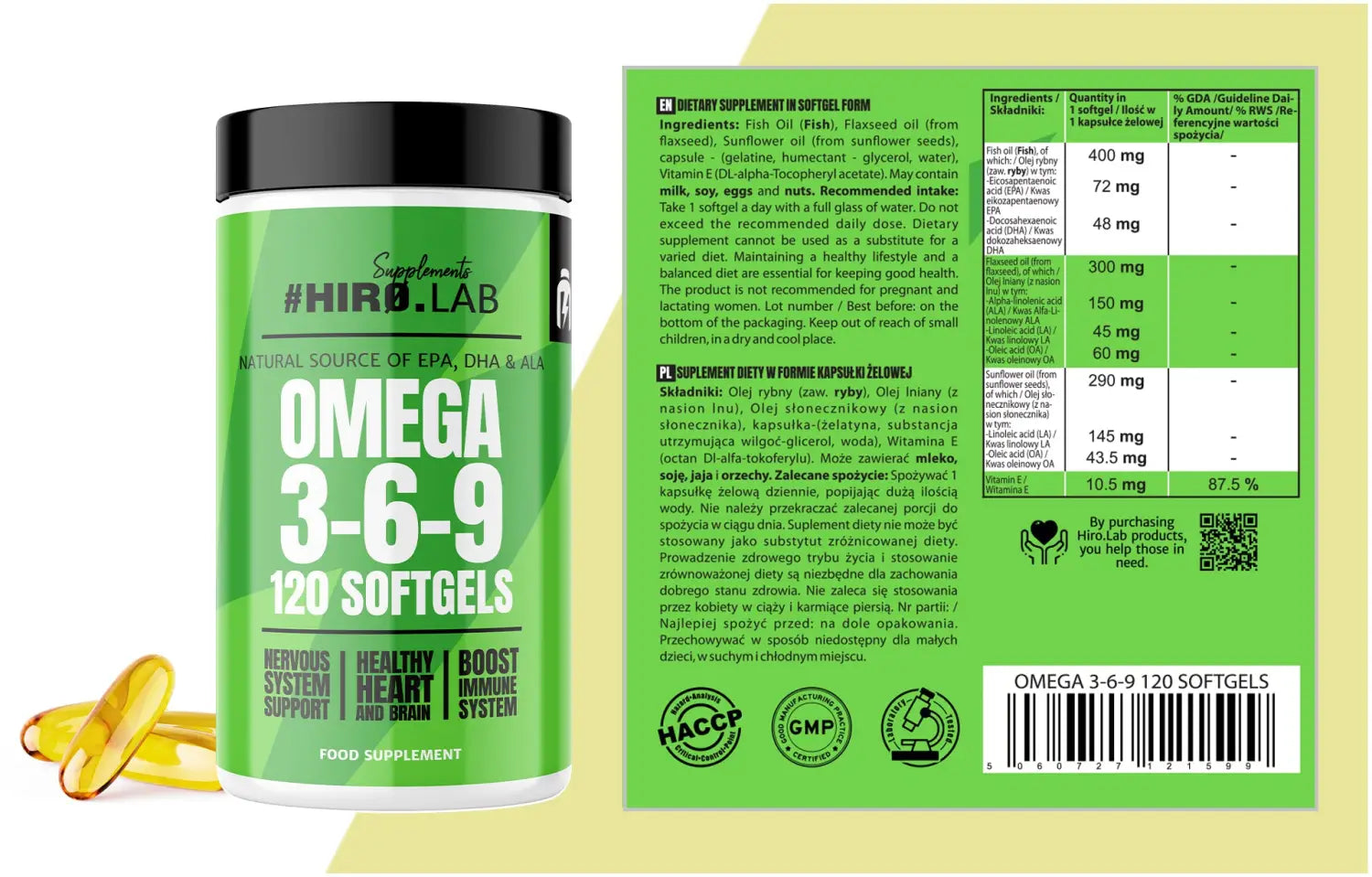 Composition et valeurs nutritionnelles du complément Omega 3-6-9 HIRO.LAB – Apport en EPA, DHA et ALA pour la santé cardiovasculaire
