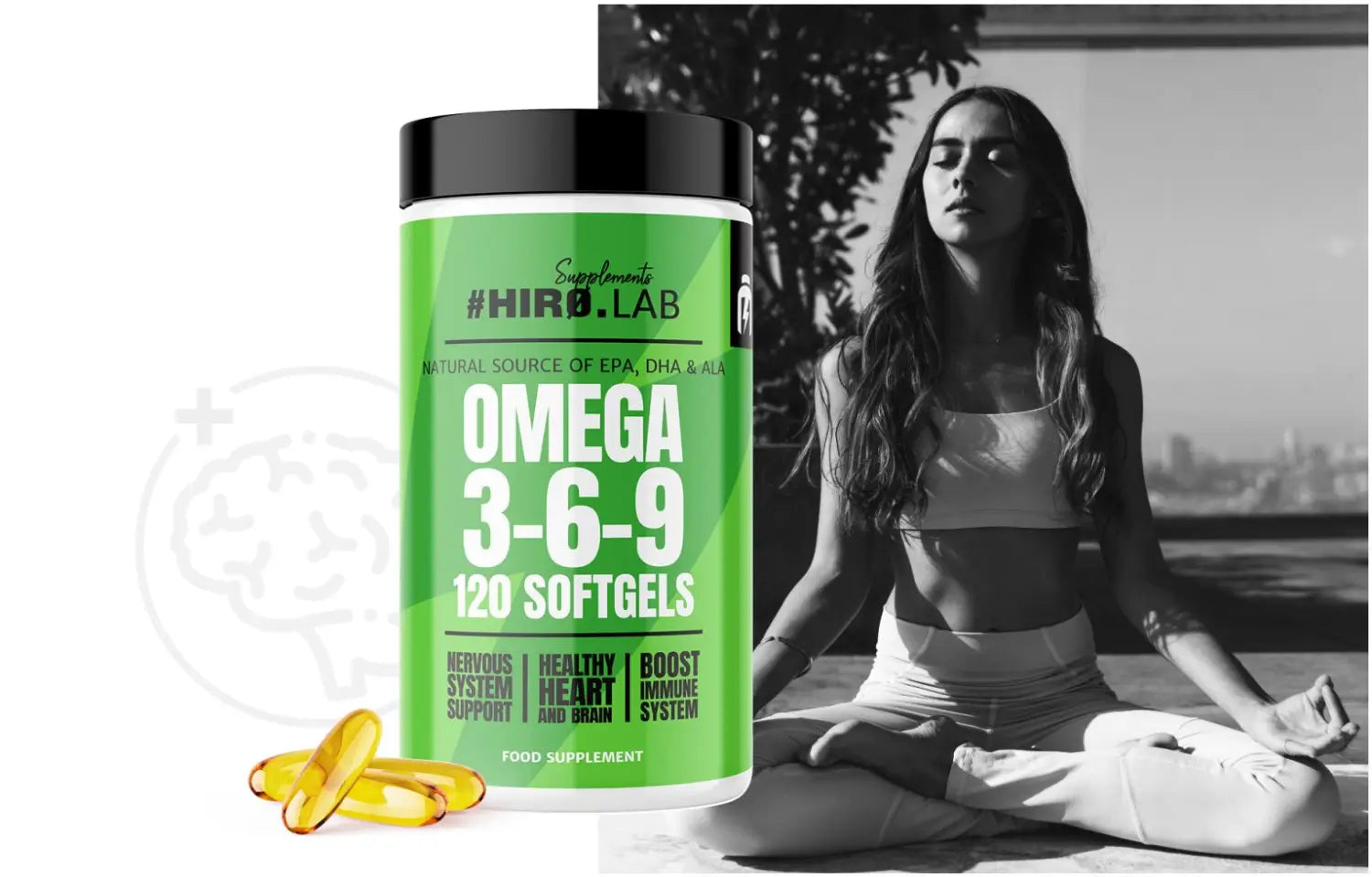 Oméga 3-6-9"Omega 3-6-9 HIRO.LAB – Amélioration de la concentration, du bien-être mental et du système nerveux, idéal pour le yoga et la méditation
