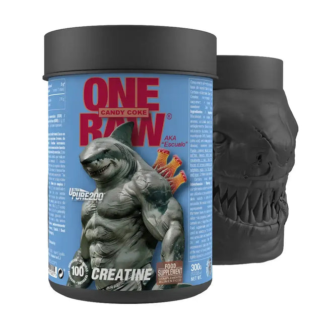Alt text : Complément de Creatine One Raw® Creatine avec design hybride requin-humain, pour performances énergétiques et récupération physique