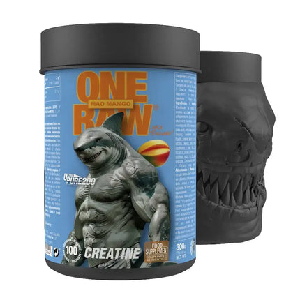 Alt texte: Supplément de Creatine One Raw® avec mascotte requin, pour performances énergétiques et récupération physique