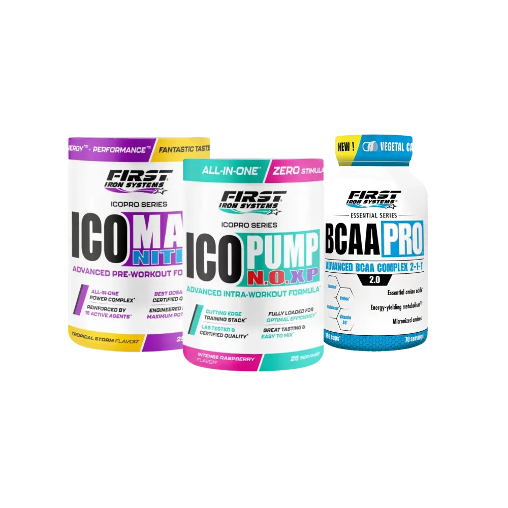 Pack Performance 1 ICOPRO SERIES de First Iron Systems contenant 1 Ico Pump N.O. XP 375g, 1 Ico Max Nitro 375g et 1 BCAA Pro 180 gélules pour développer la masse musculaire, optimiser la capacité de performance et bénéficier d'un soutien complet avant, pendant et après l'effort.