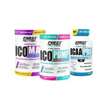 Pack Performance 1 ICOPRO SERIES de First Iron Systems contenant 1 Ico Pump N.O. XP 375g, 1 Ico Max Nitro 375g et 1 BCAA Pro 180 gélules pour développer la masse musculaire, optimiser la capacité de performance et bénéficier d'un soutien complet avant, pendant et après l'effort.