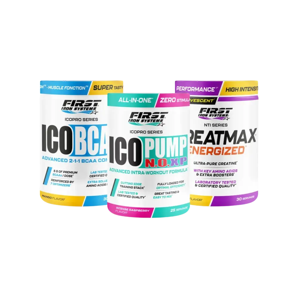Pack Performance 2 ICOPRO SERIES de First Iron Systems contenant 1 Ico Pump N.O. XP 375g, 1 Creatmax pH Perfect 450g et 1 ICO BCAA 300g pour optimisation des performances sportives