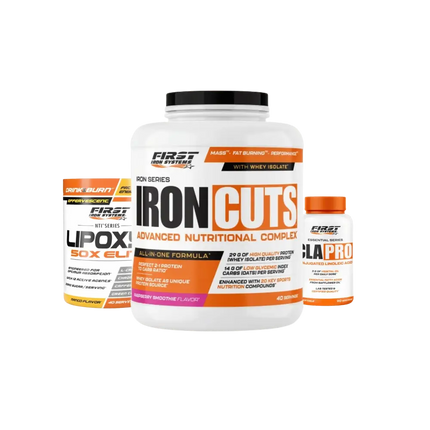 Pack Sèche et Définition 1 IRON SERIES - First Iron Systems | Programme complet de sèche musculaire et de définition incluant IRON CUTS 2200G, LIPOXYL 50X ELITE 400G et CLA PRO 90 Gélules.