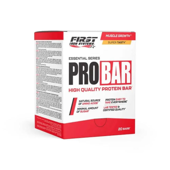 Pro Bar - First Iron Systems | Barre protéinée riche en protéines et fibres, faible en sucres et en graisses saturées. Idéale en collation pour sportifs et amateurs de nutrition saine.