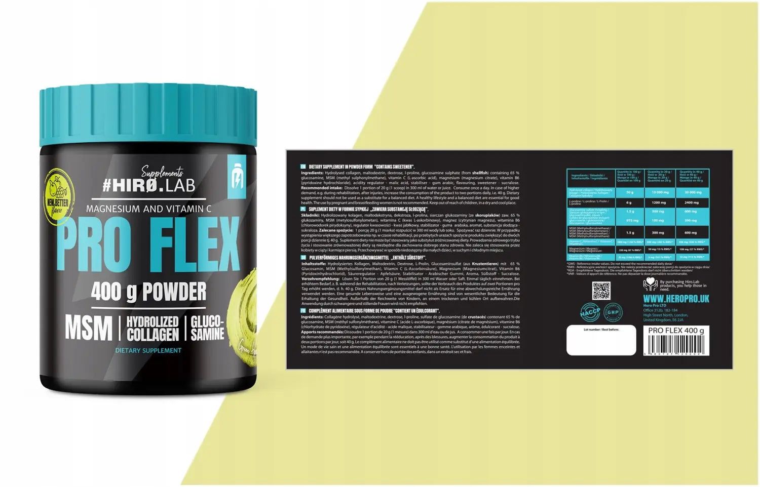 Tableau des valeurs nutritionnelles du Pro Flex 400g Hiro.Lab – Collagène, glucosamine, MSM et magnésium