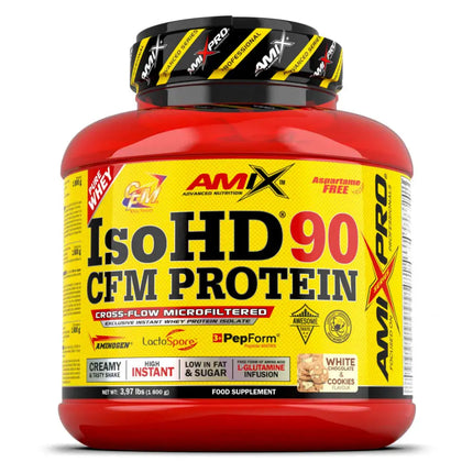 Tub rouge et jaune de Protéine ISO HD 90 CFM Amix™ avec enzymes digestives et teneur protéique élevée