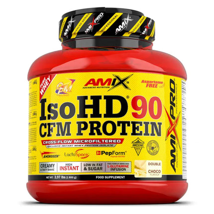 Tub de protéine ISO HD 90 CFM Amix™ avec saveur Double Choco, riche en teneur protéique