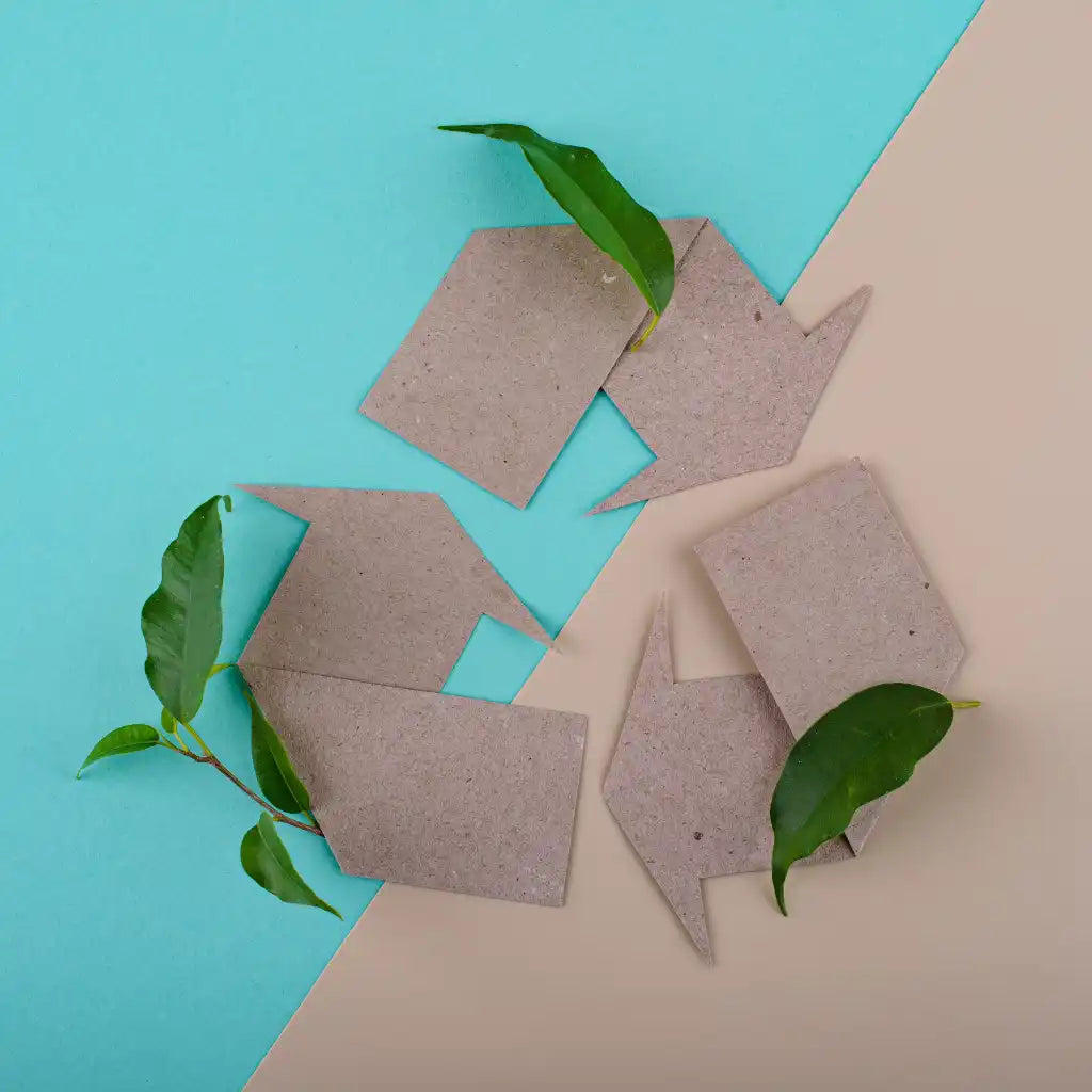 Symbole de carton recyclé avec des feuilles vertes.