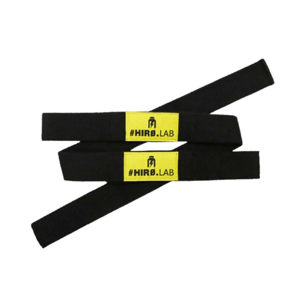 Paire de sangles de levage Hiro.Lab en coton noir et jaune, conçue pour optimiser la prise et stabiliser les poignets lors des entraînements de musculation.

