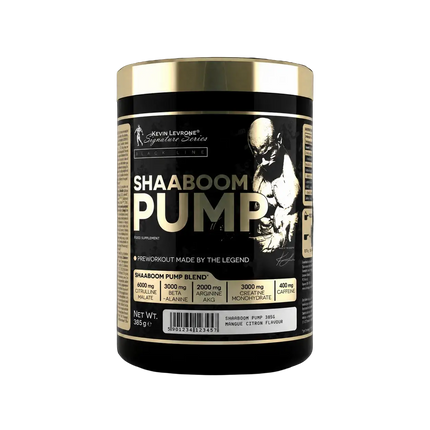 Conteneur cylindrique noir et doré de shaboom pump 385g poudre preworkout avec illustration musculaire sur l’étiquette