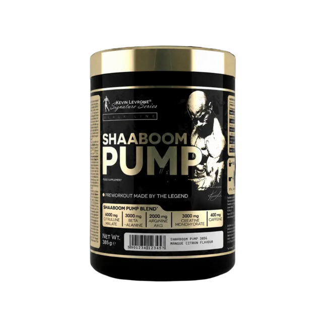 Conteneur cylindrique noir et doré de shaboom pump 385g poudre preworkout avec illustration musculaire sur l’étiquette